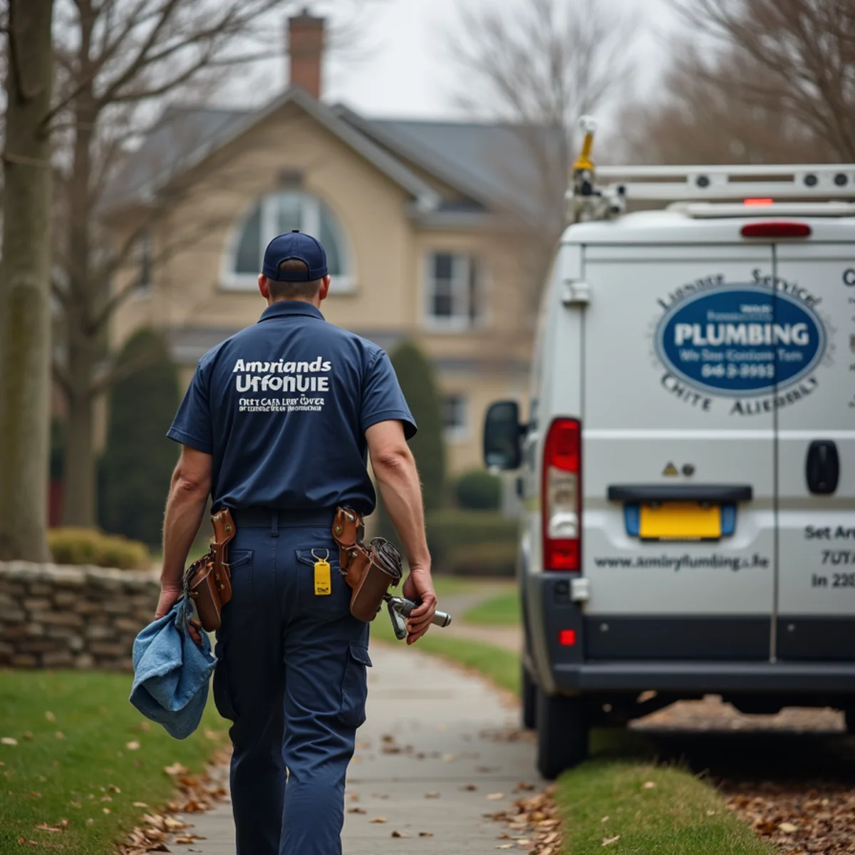 Plumber addressing a finished-basement sewer backup in an Ardmore PA stone twin