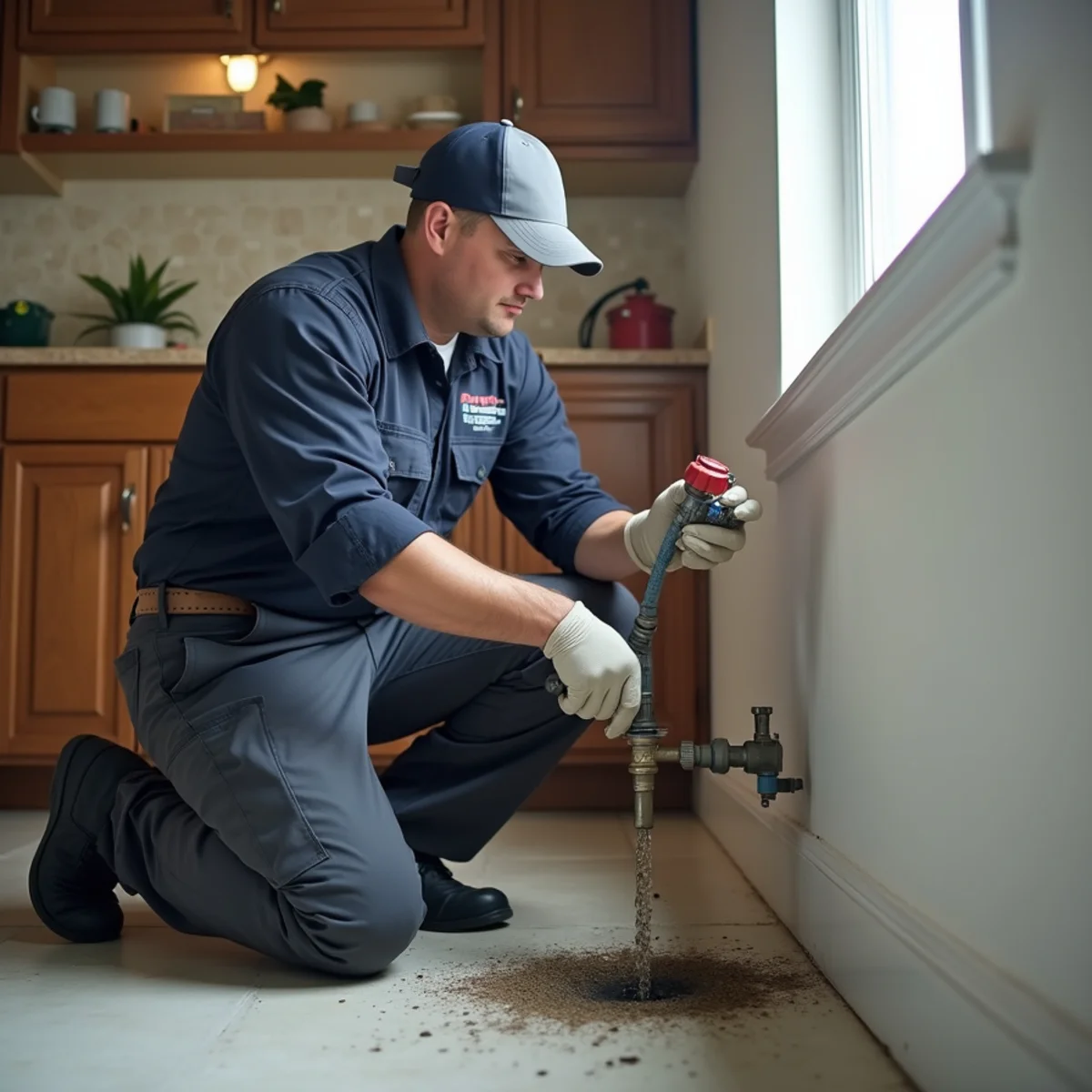 Plumber draining sediment from a water heater tank through a garden hose during an annual flush