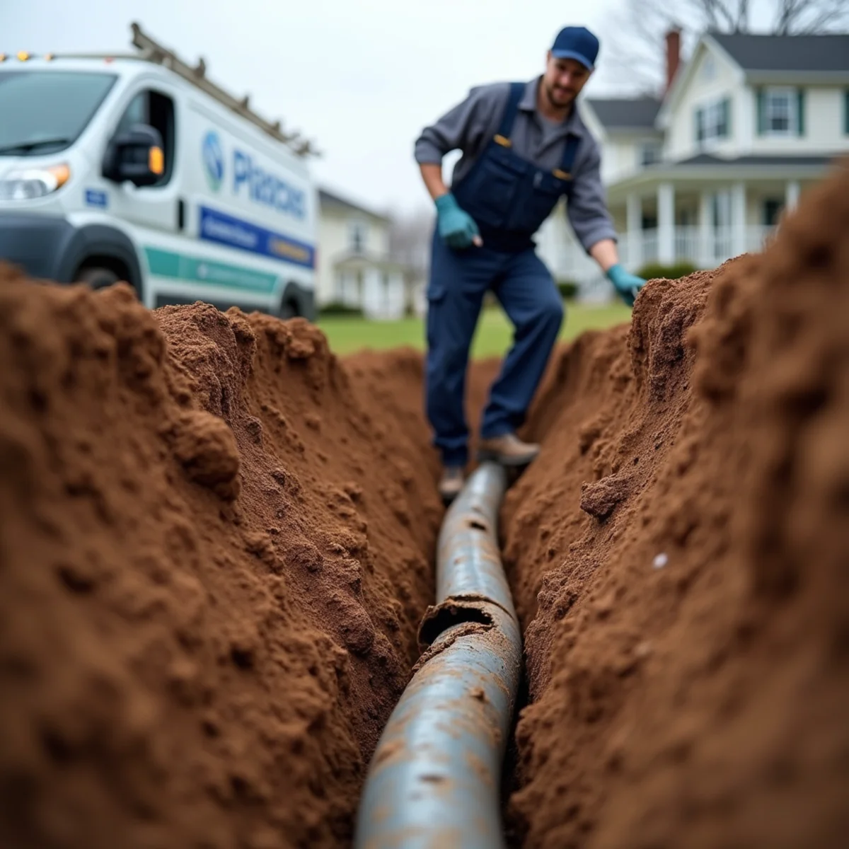 Cracked clay sewer pipe surrounded by dense reddish clay and shale soil excavated in a Montgomery County yard
