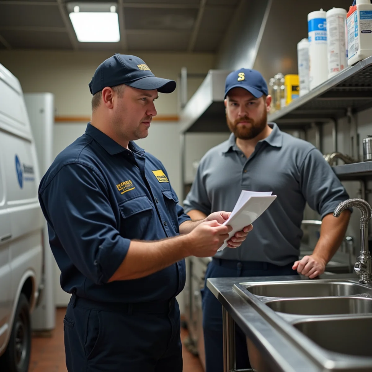 Commercial kitchen plumbing with a grease trap and floor drains in a King of Prussia corridor restaurant