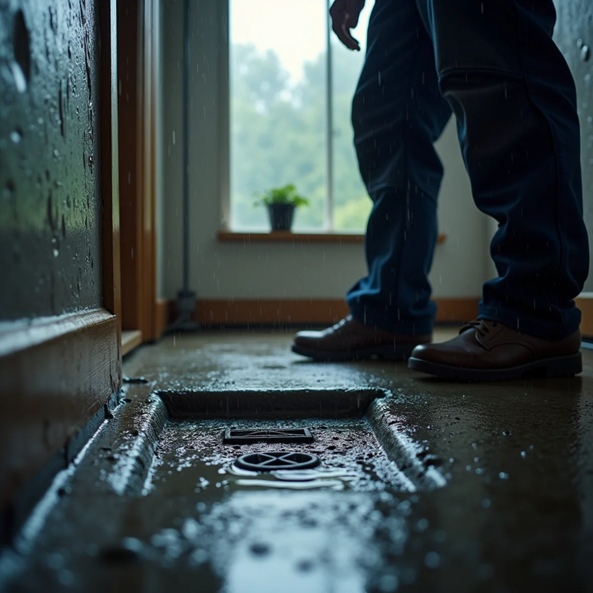 Storm water pooling around a basement floor drain in a King of Prussia home during heavy rain