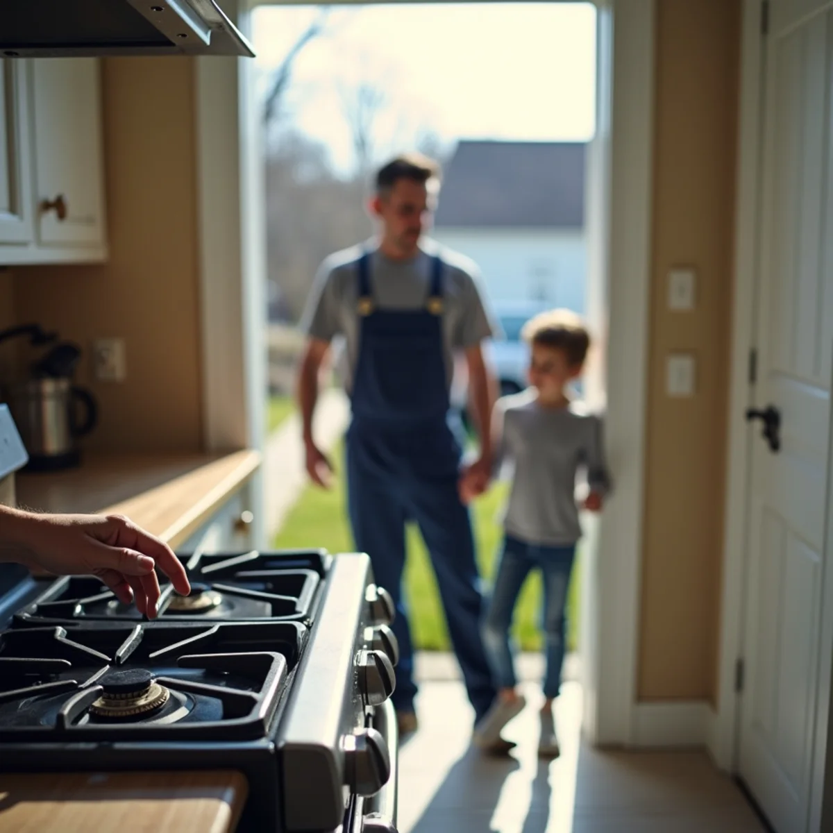 Homeowner checking a gas stove burner for a suspected leak in a King of Prussia kitchen