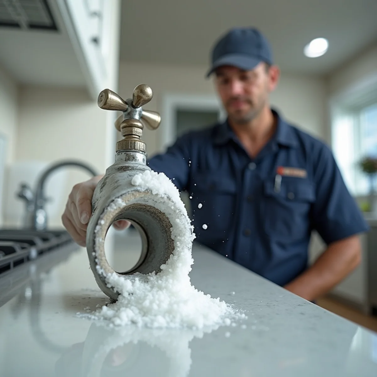 White mineral scale buildup on a faucet aerator and showerhead caused by hard water in a Montgomery County home