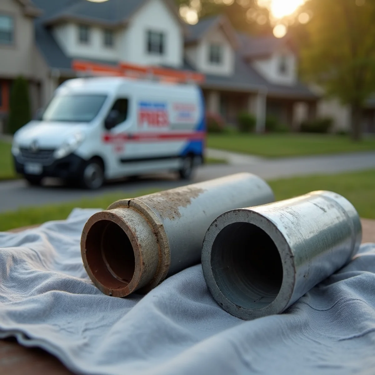 Corroded galvanized steel pipe next to gray polybutylene tubing in the basement of an older Pennsylvania home