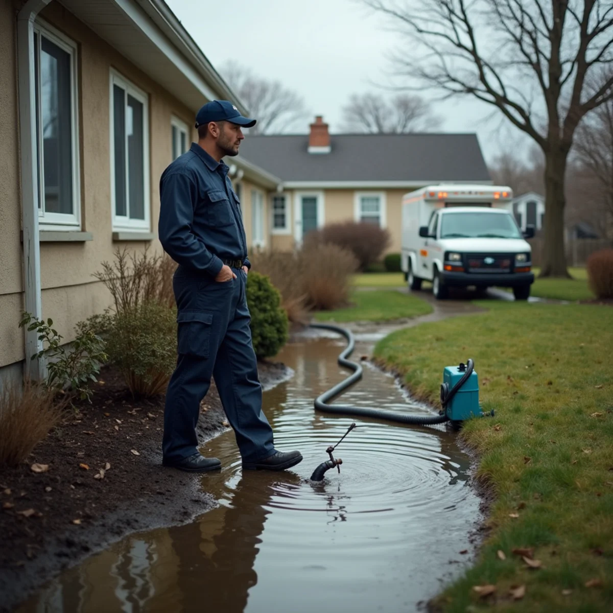 Flooded basement with a sump pump running near the Schuylkill River in Bridgeport, Pennsylvania after heavy rain