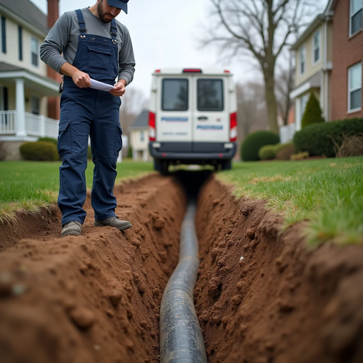 Excavated trench exposing an old sewer line for replacement in Montgomery County, PA