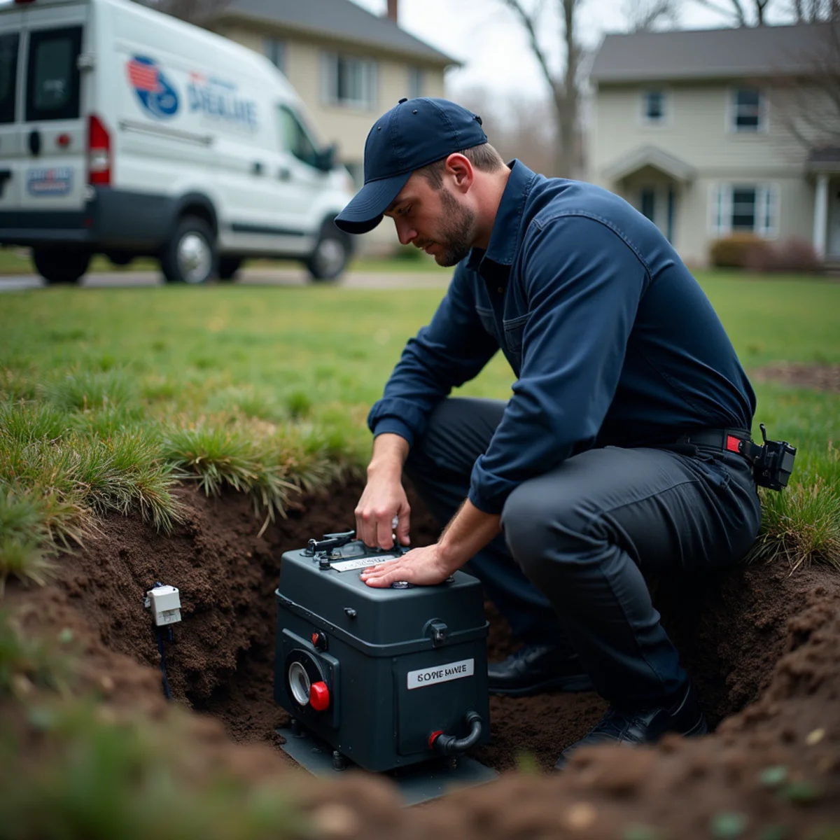 Sump pump with a battery backup unit installed in a Pennsylvania basement during a storm