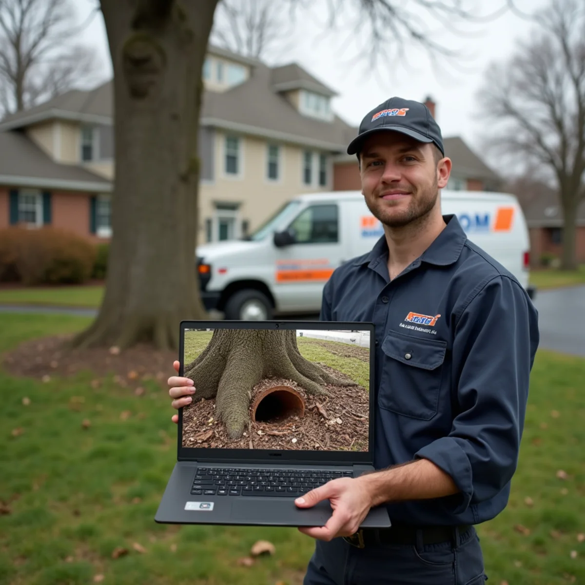 Tree roots invading a cracked sewer pipe revealed by a camera inspection in Cheltenham, PA