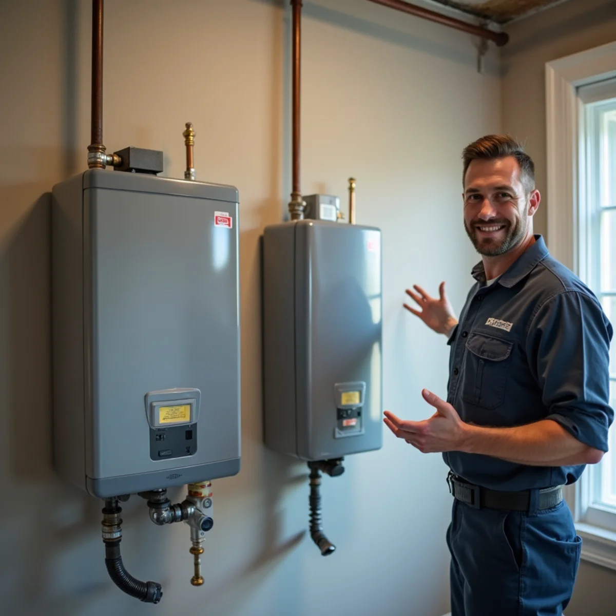 Tankless water heater mounted next to a traditional tank unit in a Blue Bell, PA basement