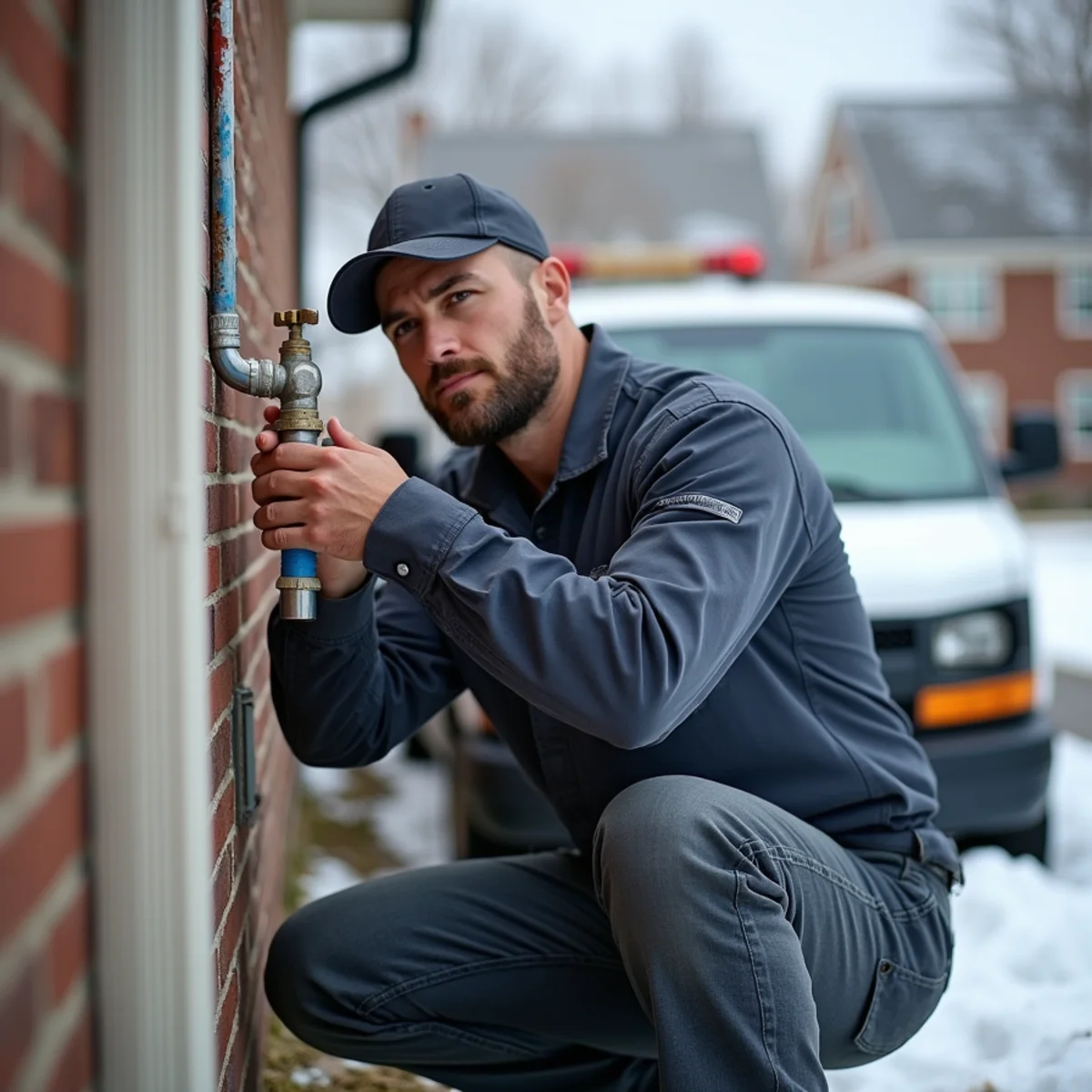 Homeowner insulating an exposed water pipe in a cold basement of a King of Prussia home before winter