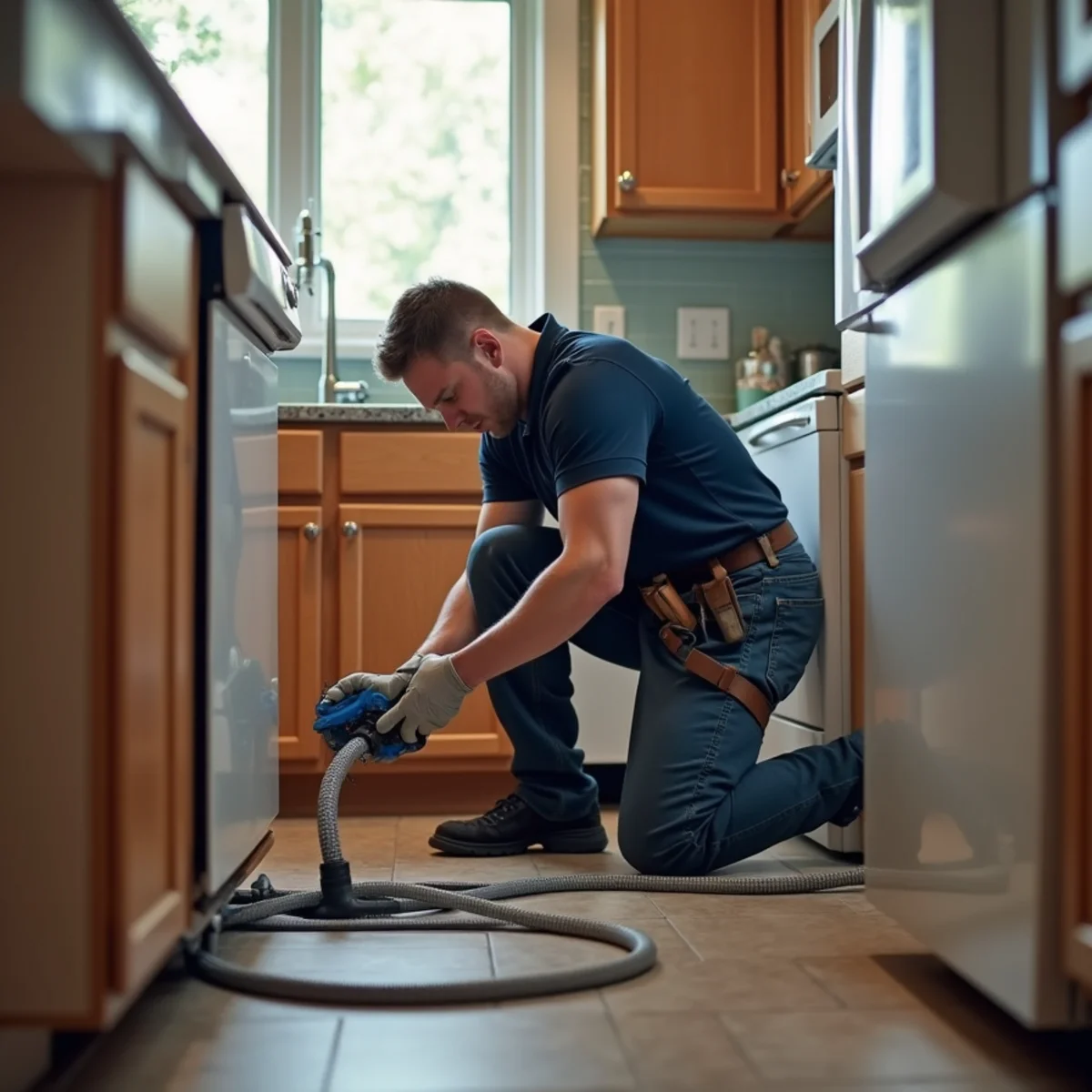 Plumber using a drain machine to clear a clogged kitchen line in King of Prussia PA
