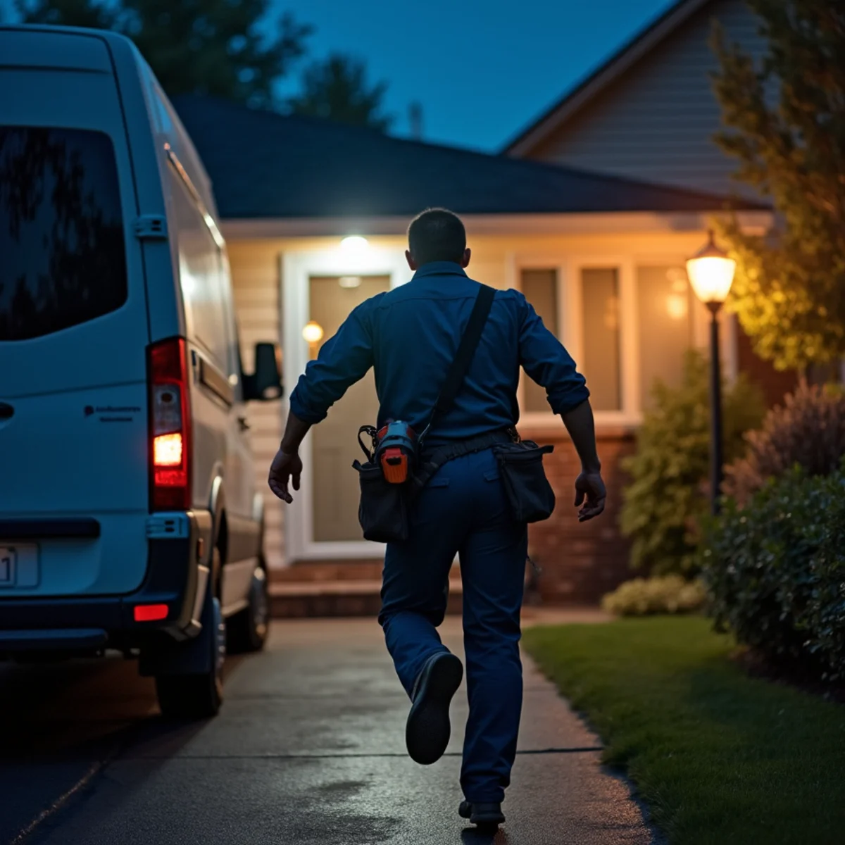 Emergency plumber responding to a burst pipe in a King of Prussia PA home at night