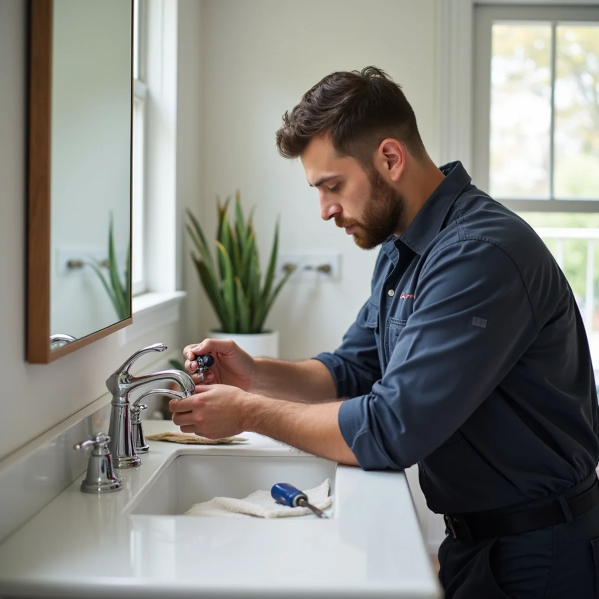 Plumber repairing a bathroom faucet in a King of Prussia PA home