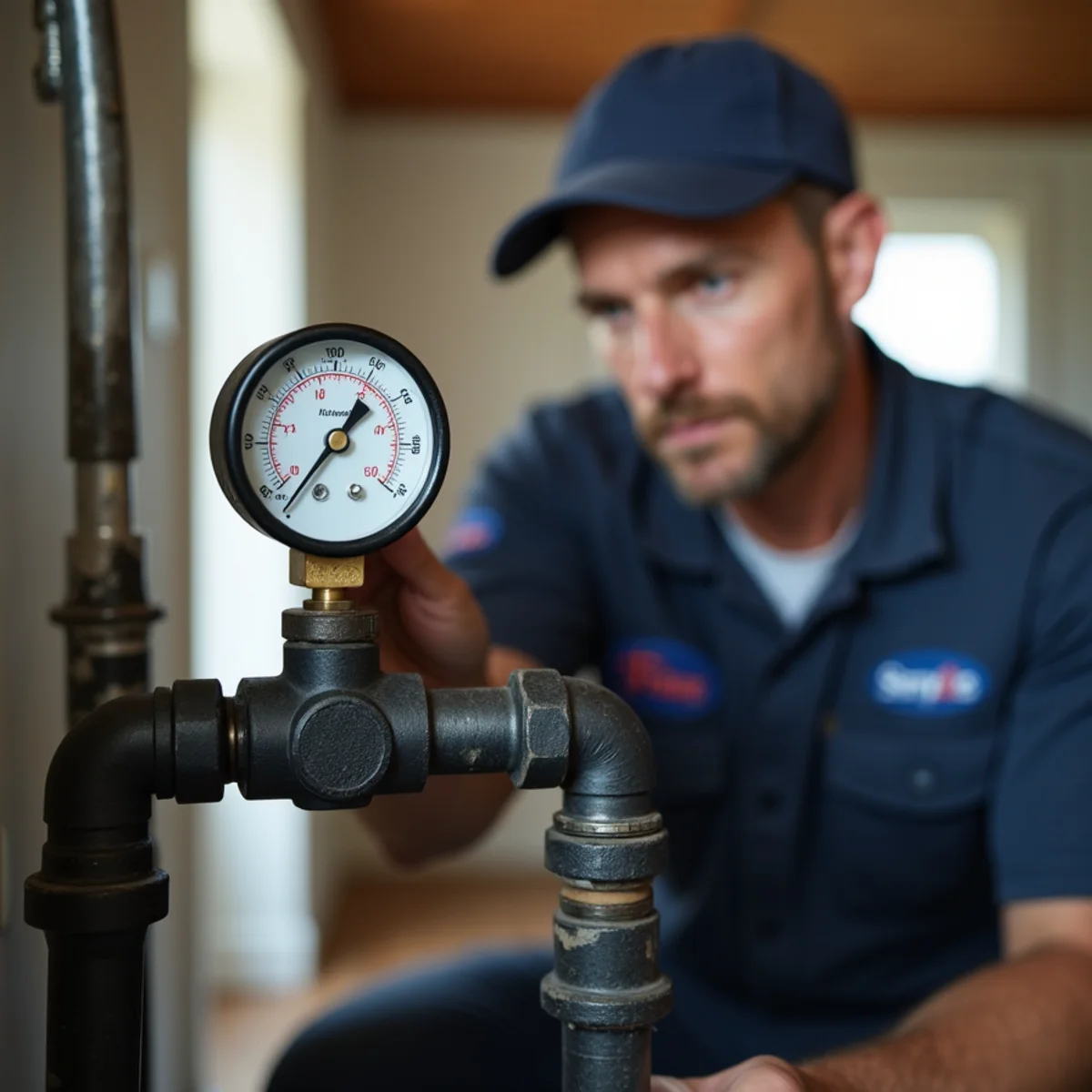 Licensed plumber pressure-testing a gas line in a King of Prussia PA home