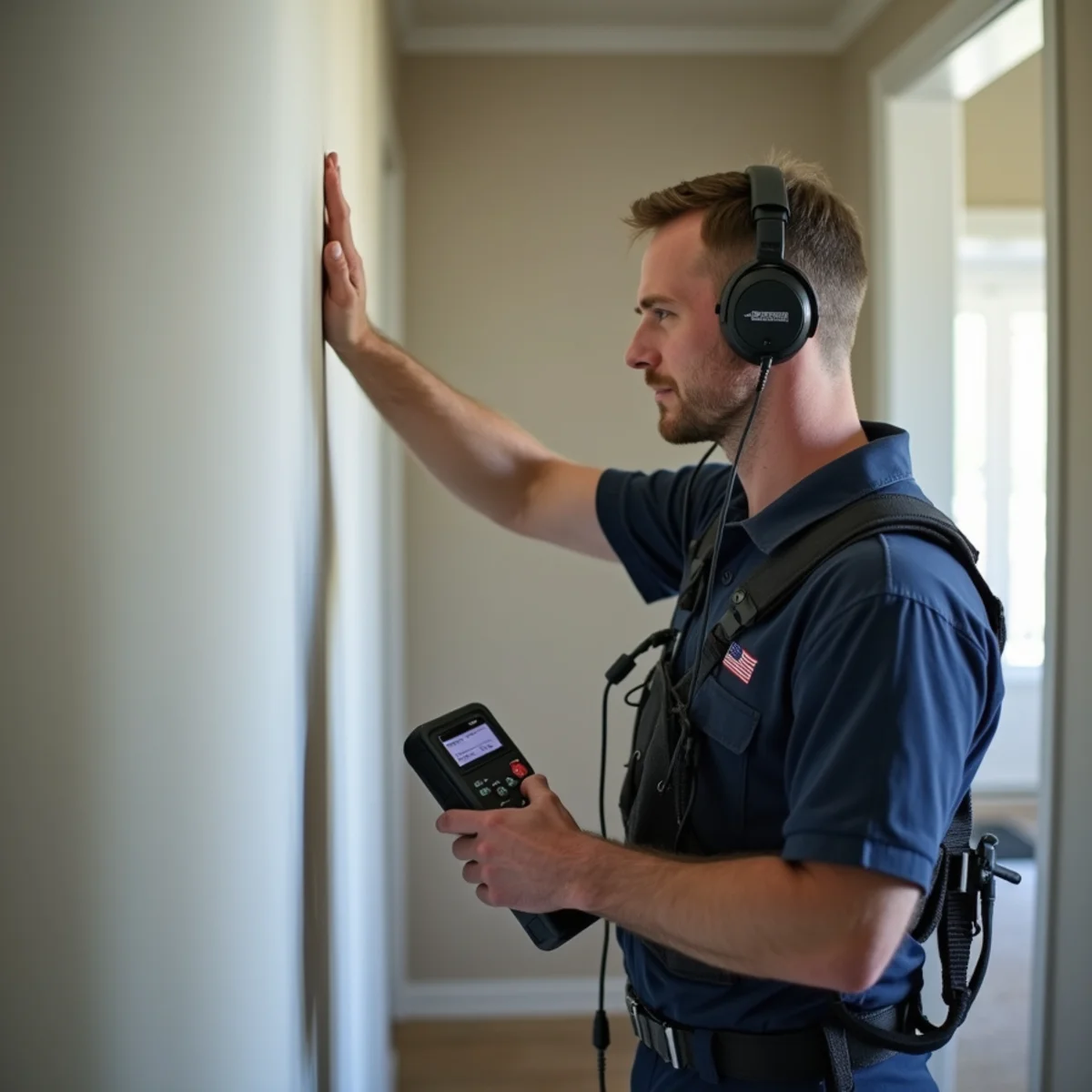 Plumber using acoustic leak detection equipment on a wall in a King of Prussia PA home