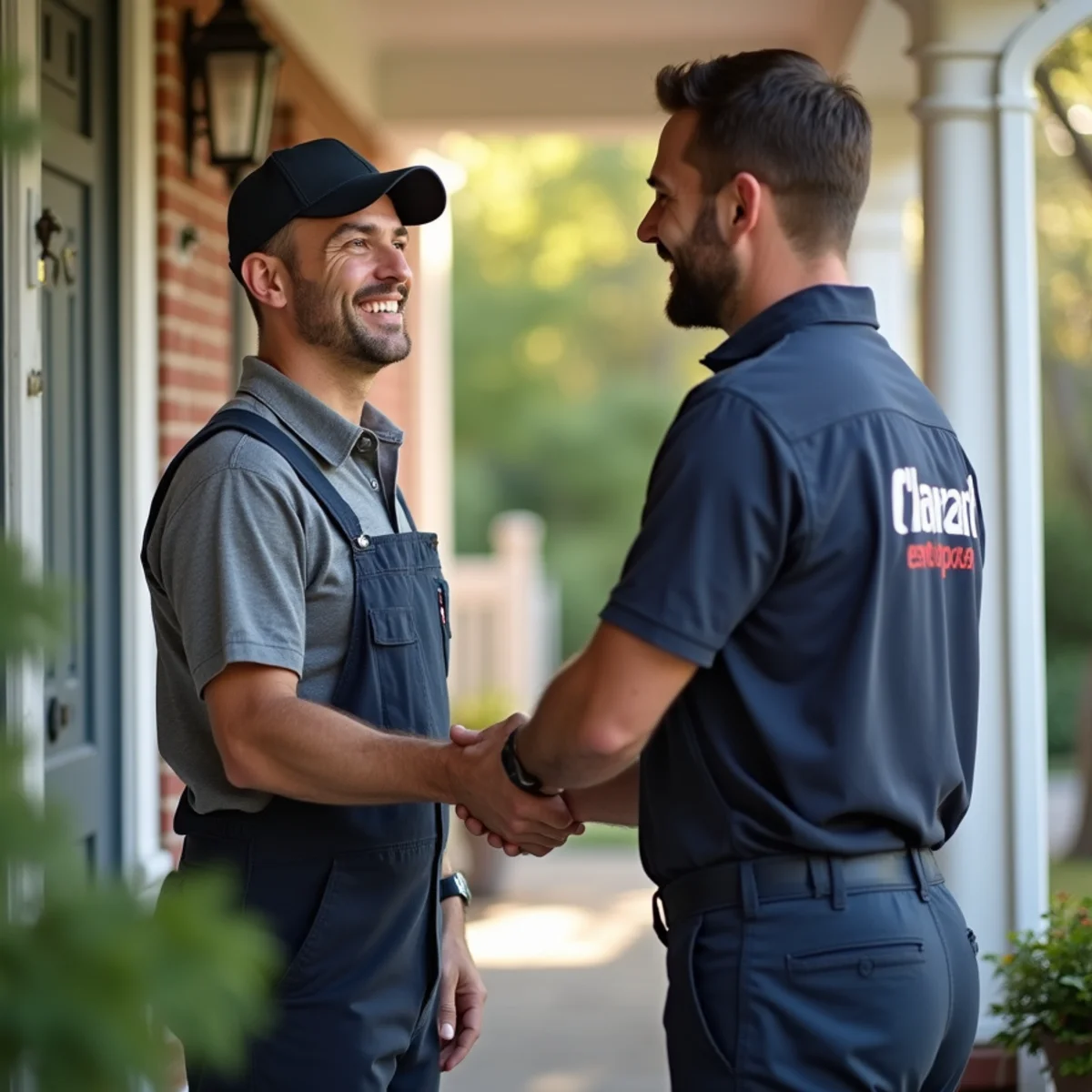 Happy King of Prussia homeowner shaking hands with a plumber after a completed job