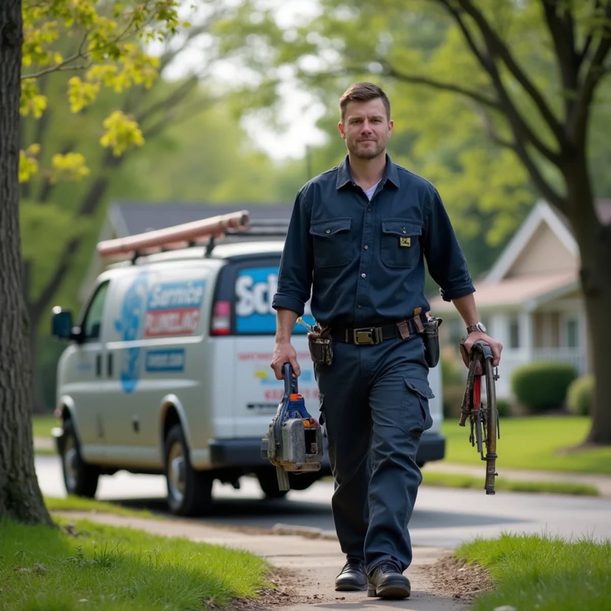 Plumber clearing a root-invaded sewer lateral under a shade tree at a Southampton PA split-level